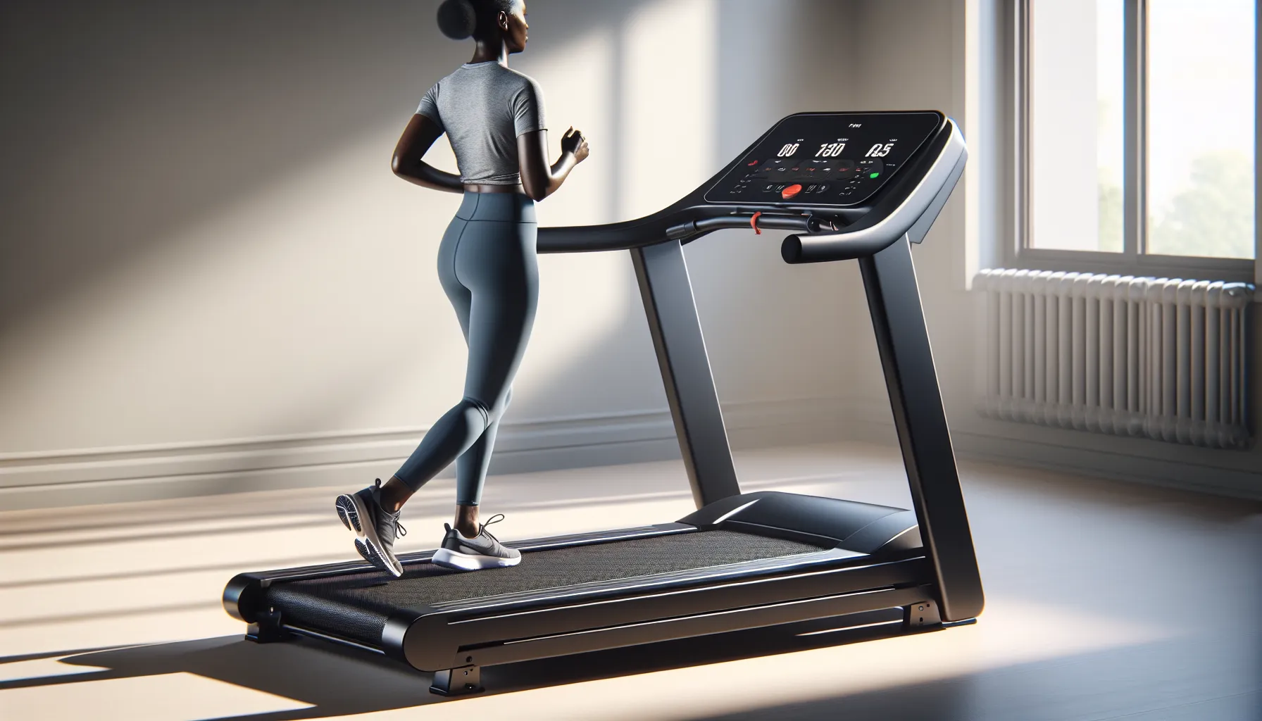 Woman with knee brace walking on cushioned incline treadmill in sunlit home.