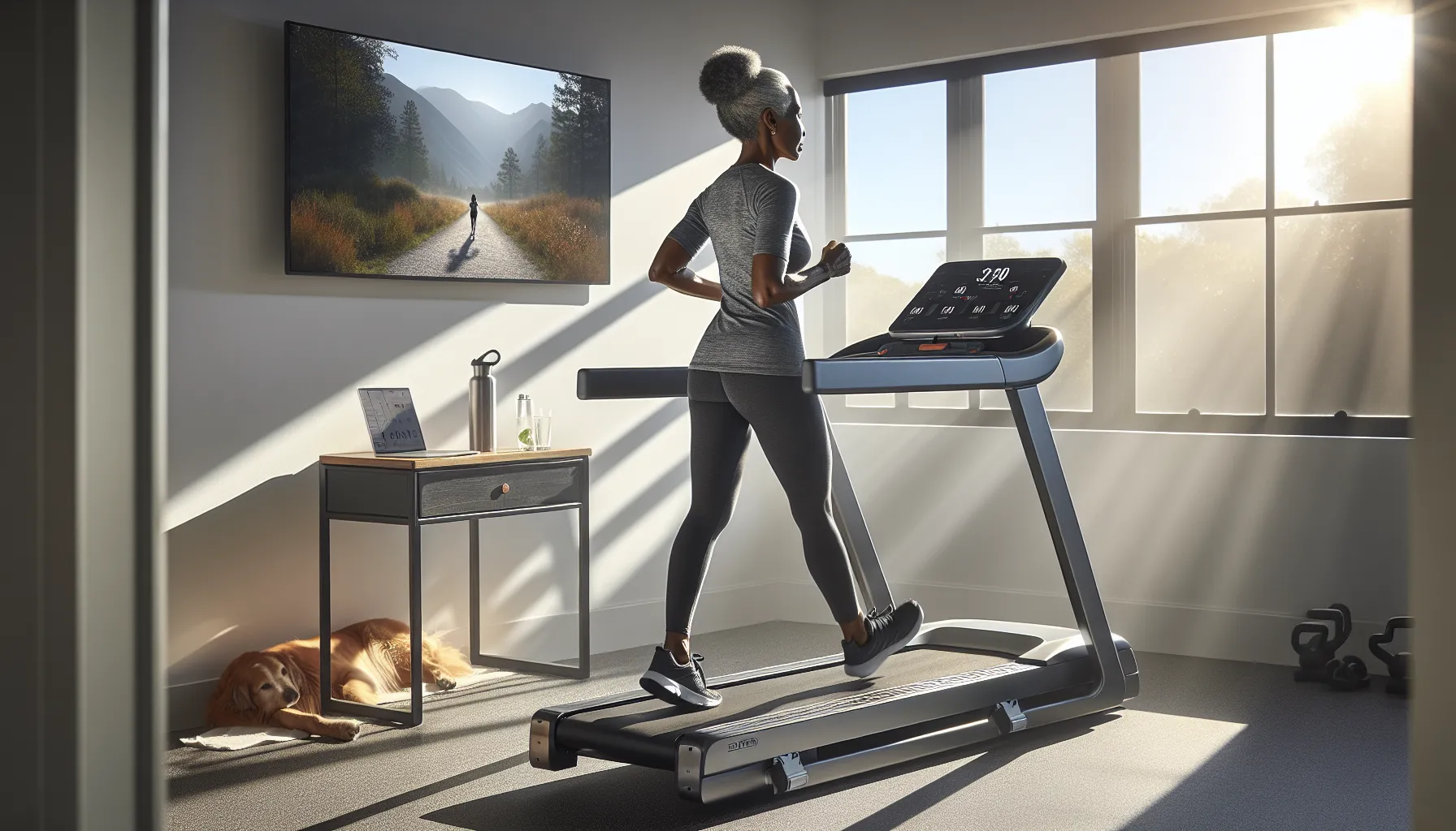 Older woman walking on treadmill with long handrails and safety key at home.
