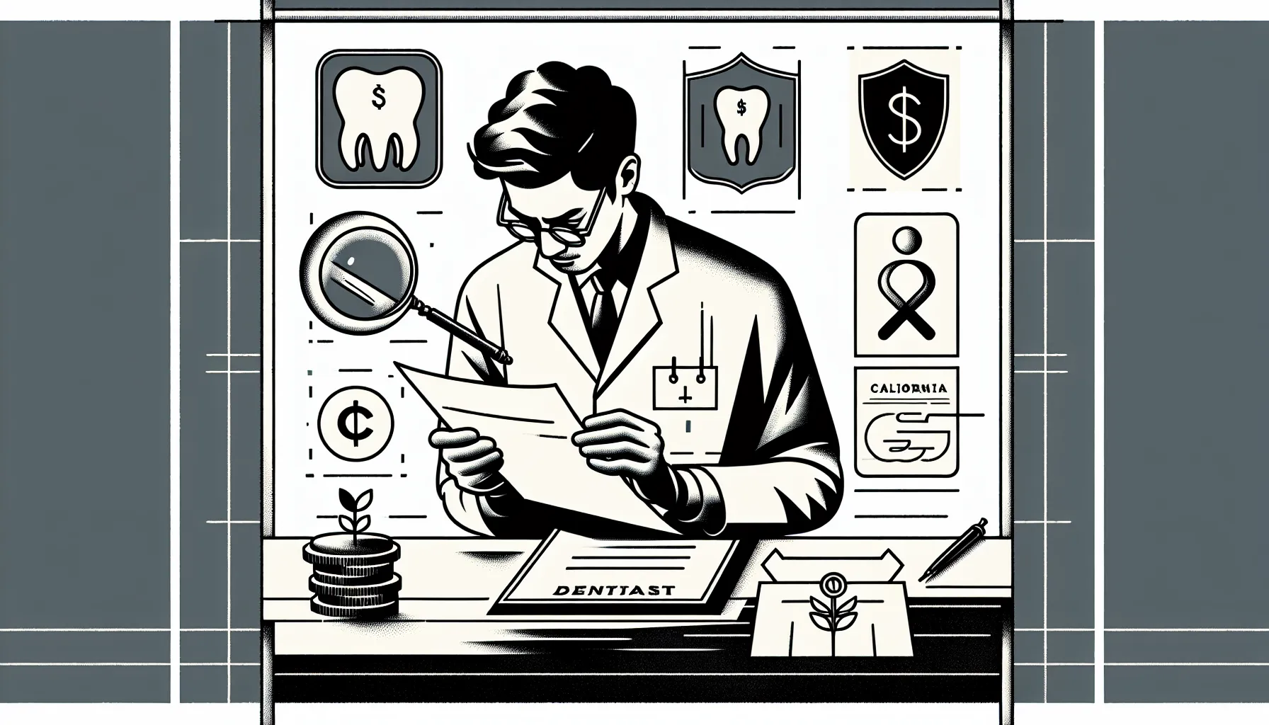 A dentist reviewing a contract with icons for pay, malpractice, termination, and records.