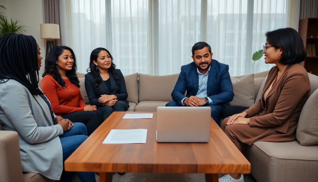 diverse professionals discussing foster care in a modern living room.