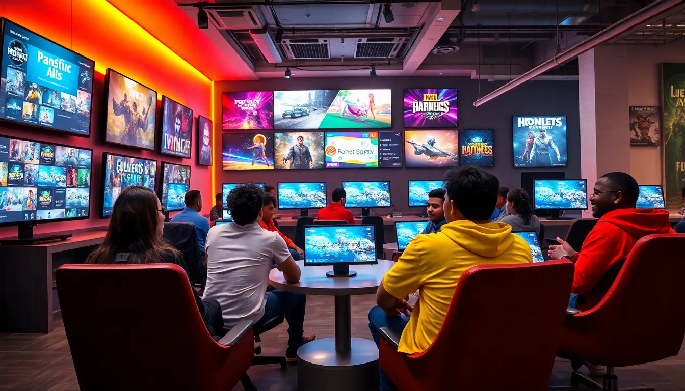 diverse gamers collaborating in a modern gaming hub.