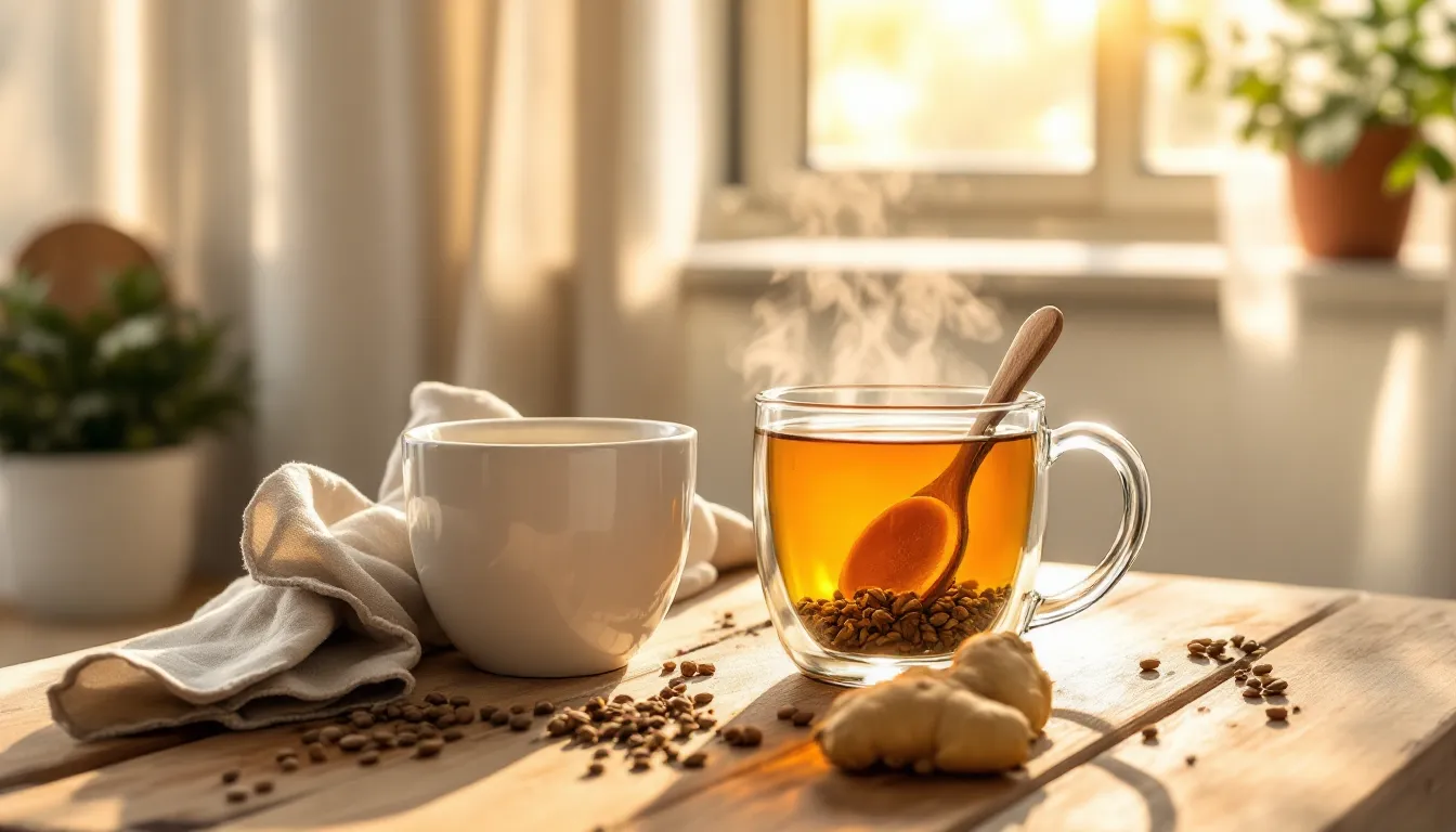 A coffee cup pushed aside next to a steaming cup of herbal spice tea.