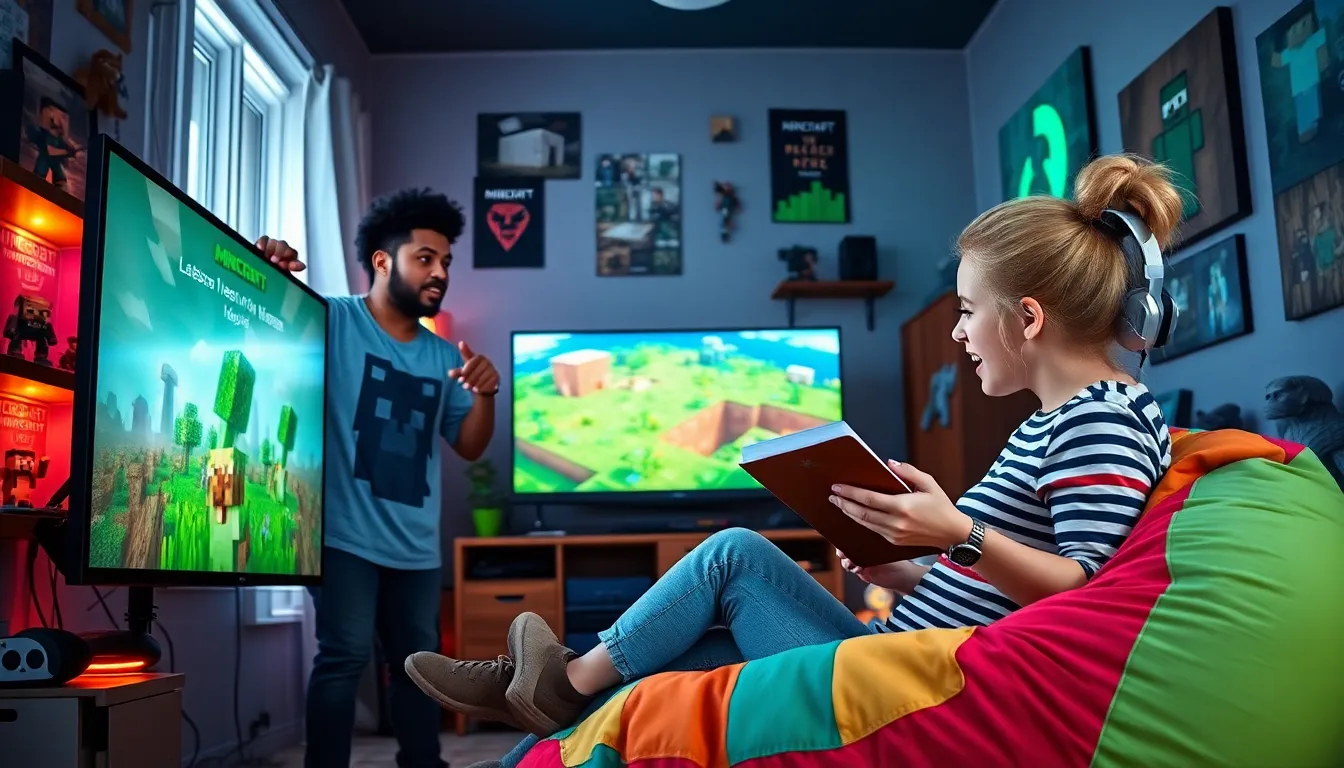 a group of gamers discussing Minecraft updates in a themed gaming room.