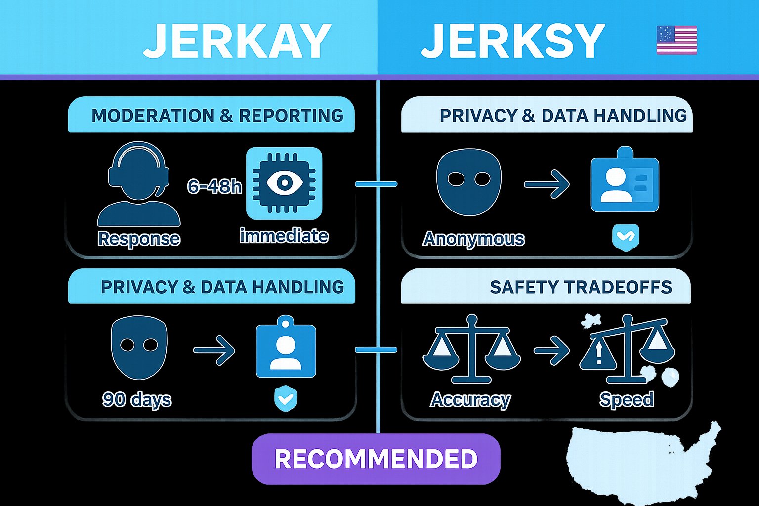 Side-by-side comparison infographic of Jerkay vs Jerksy safety and privacy.