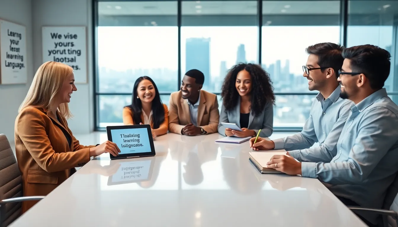 diverse professionals discussing quotes about learning languages in an office.