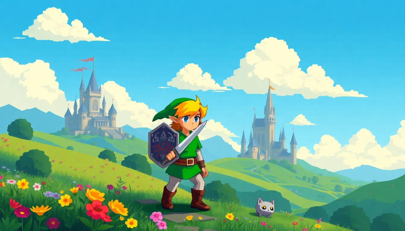 pixel art depiction of Link in a colorful Zelda landscape.