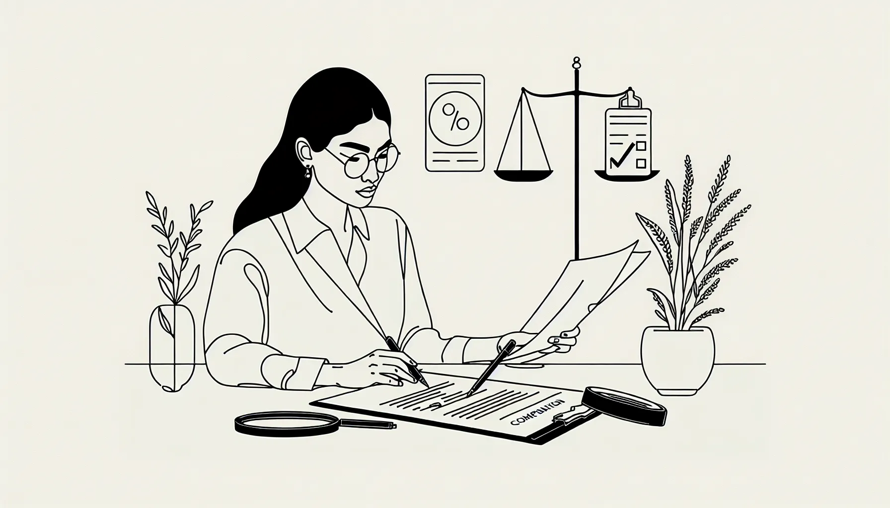 Veterinarian at desk closely reviewing a compensation contract with related icons.