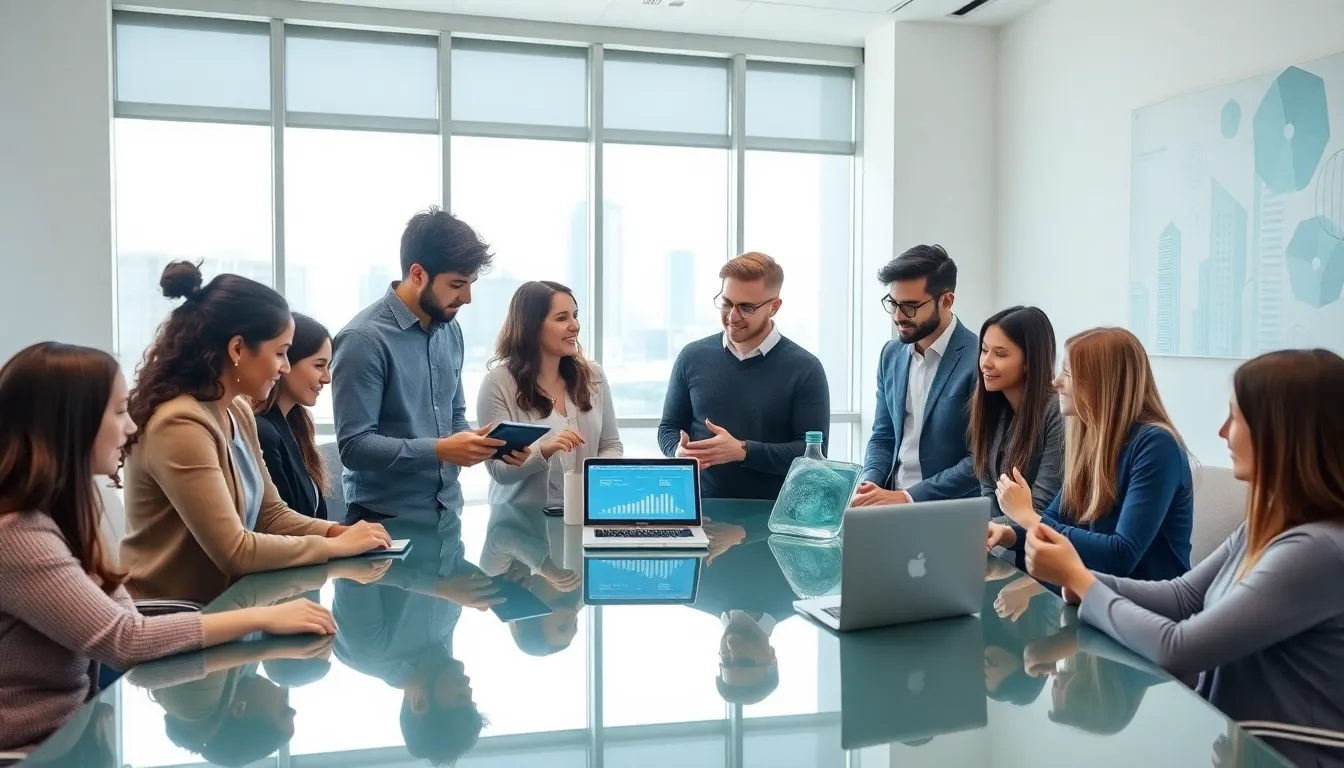 professionals discussing mobile data in a modern office.