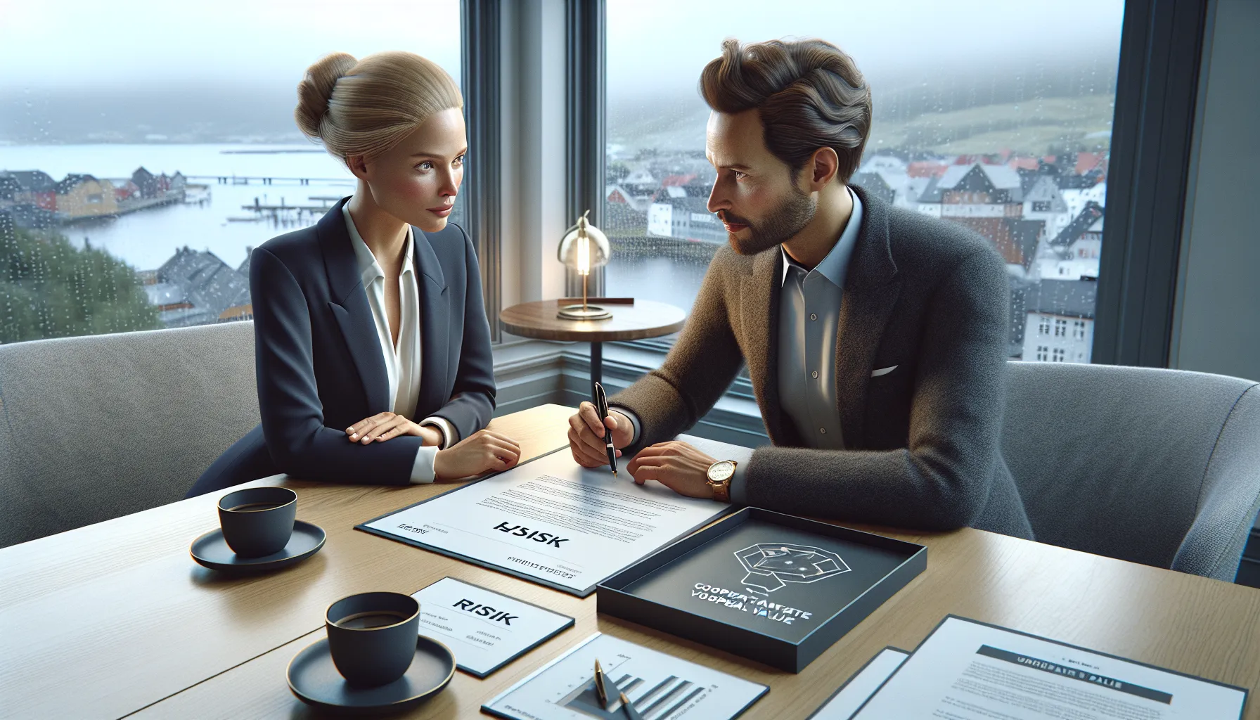 Two norwegian professionals discussing a contract focused on long-term mutual business value.