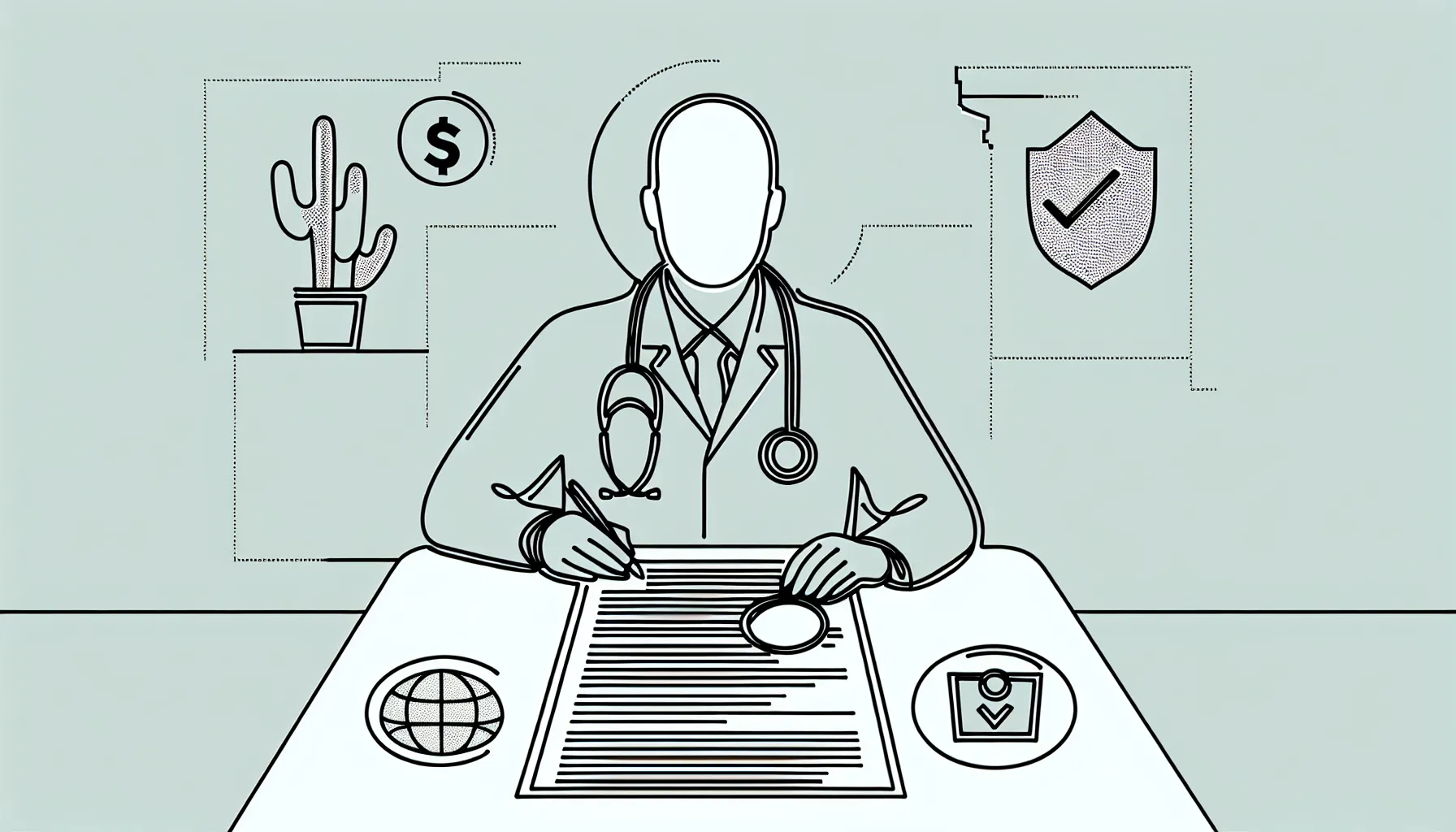 A veterinarian reviewing a contract with Arizona map and contract-related icons of Arizona Veterinary Contract Review