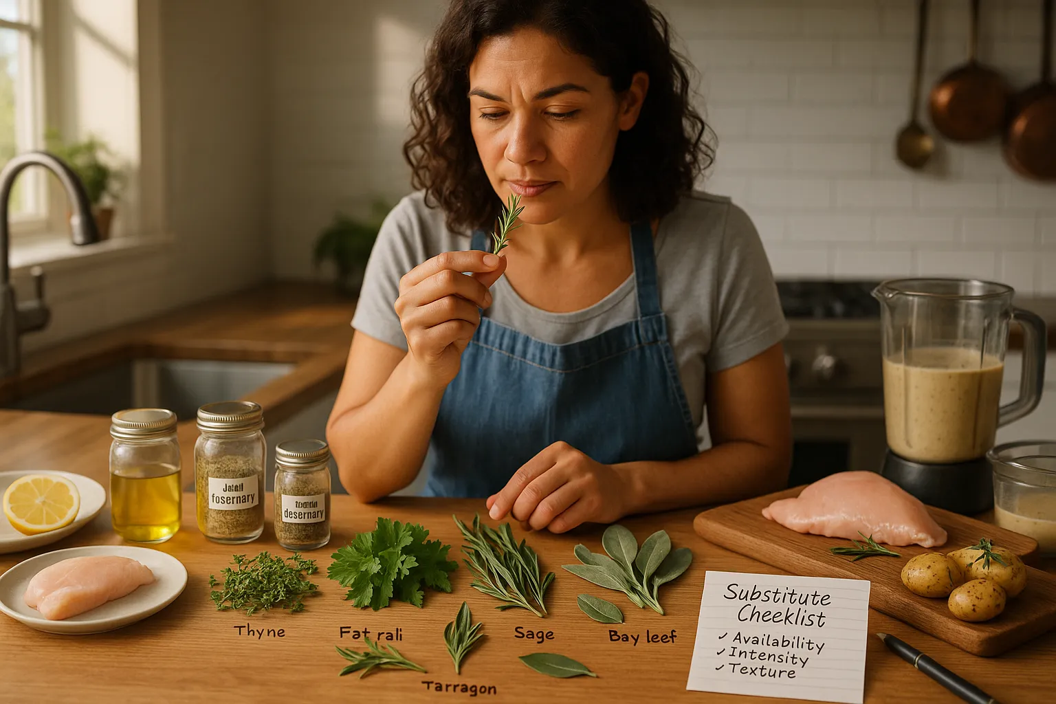 Home cook comparing rosemary with herb substitutes and a checklist on countertop.