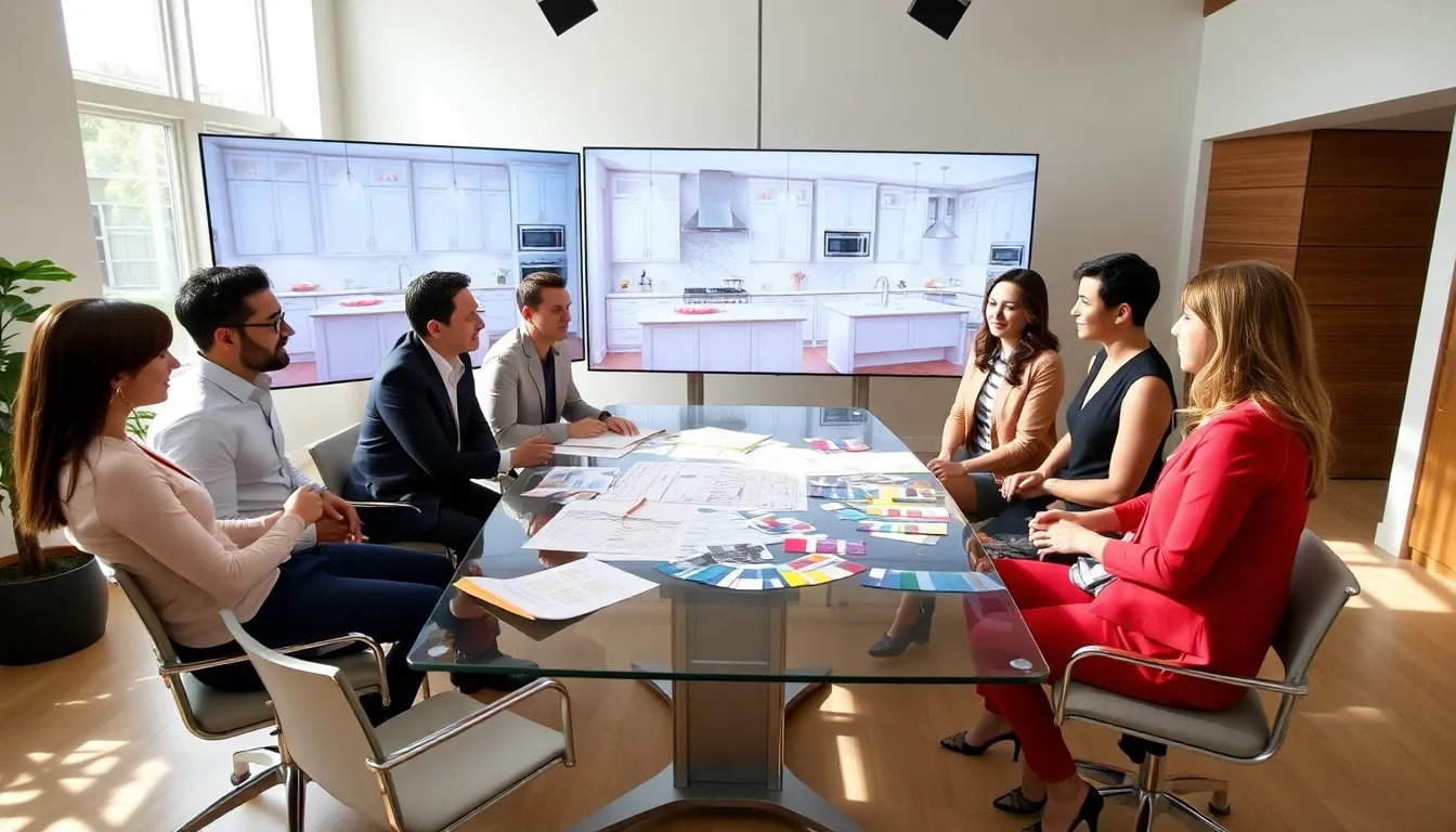 diverse team discussing a kitchen renovation design in a modern studio.