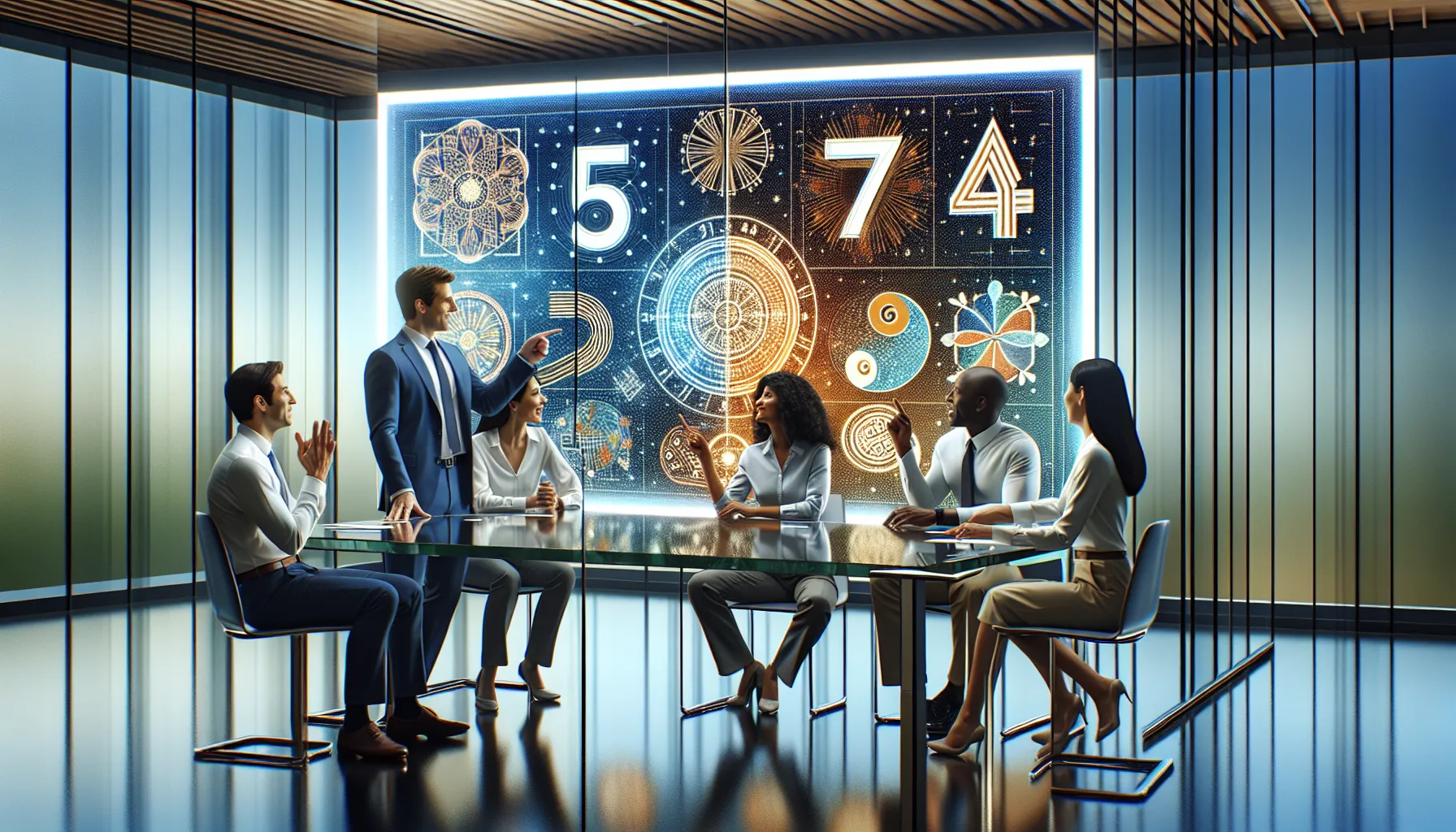diverse professionals discussing cultural significance of numbers in a modern office.