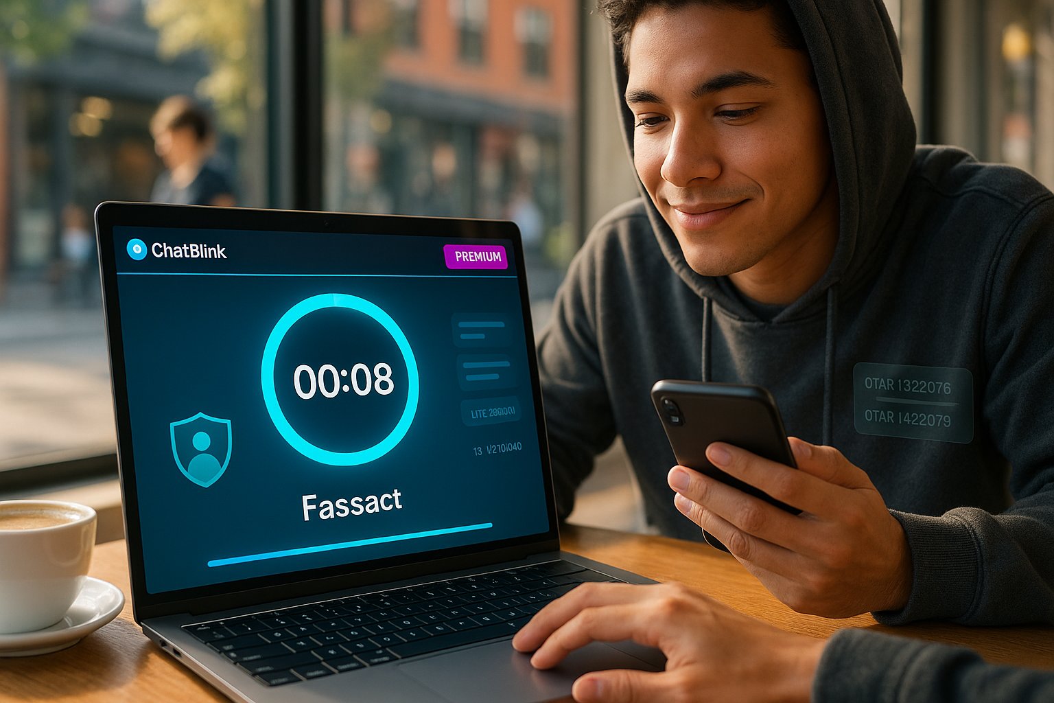 User at cafe using ChatBlink on laptop with countdown and premium banner.
