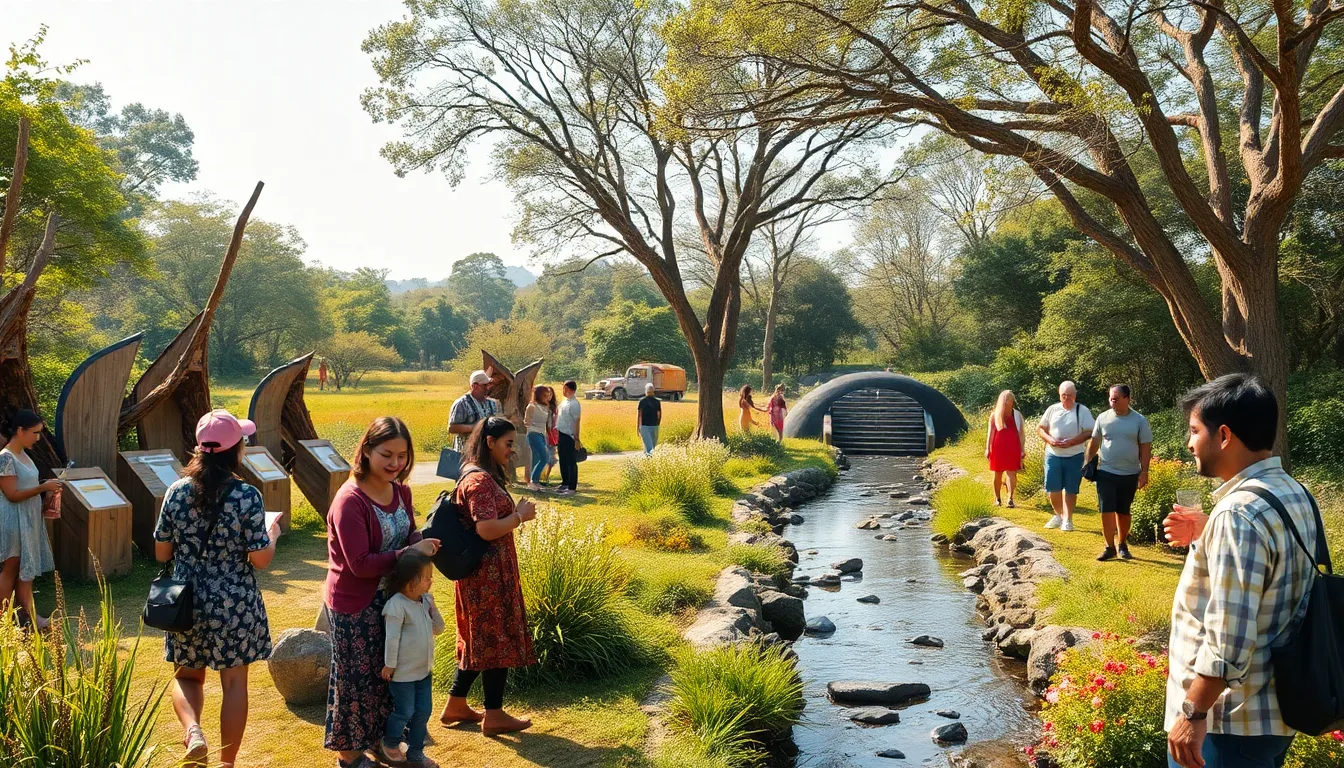 diverse group enjoying interactive installations in a beautiful outdoor setting.