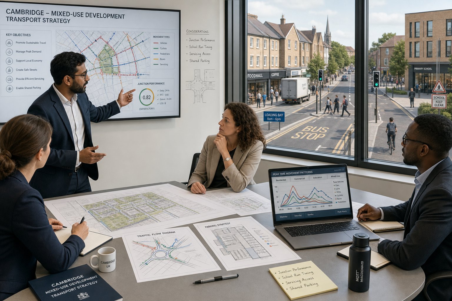 Traffic engineer reviewing mixed-use transport plans for a Cambridge development.