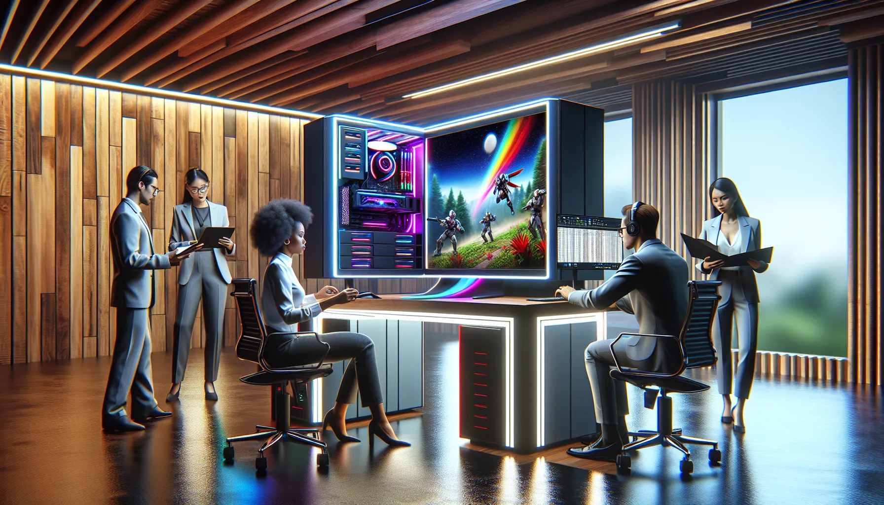 a Doayods PC in a modern office with diverse professionals.