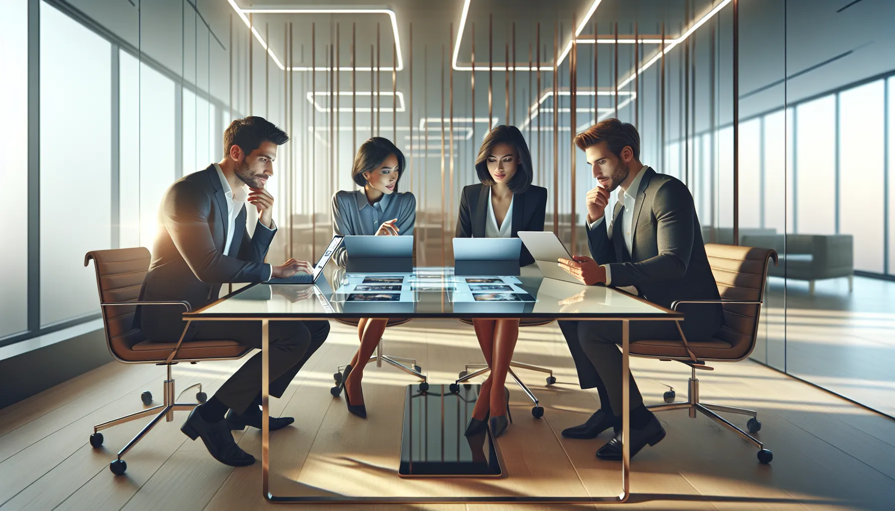 diverse team collaborating on movie downloads in a modern office.