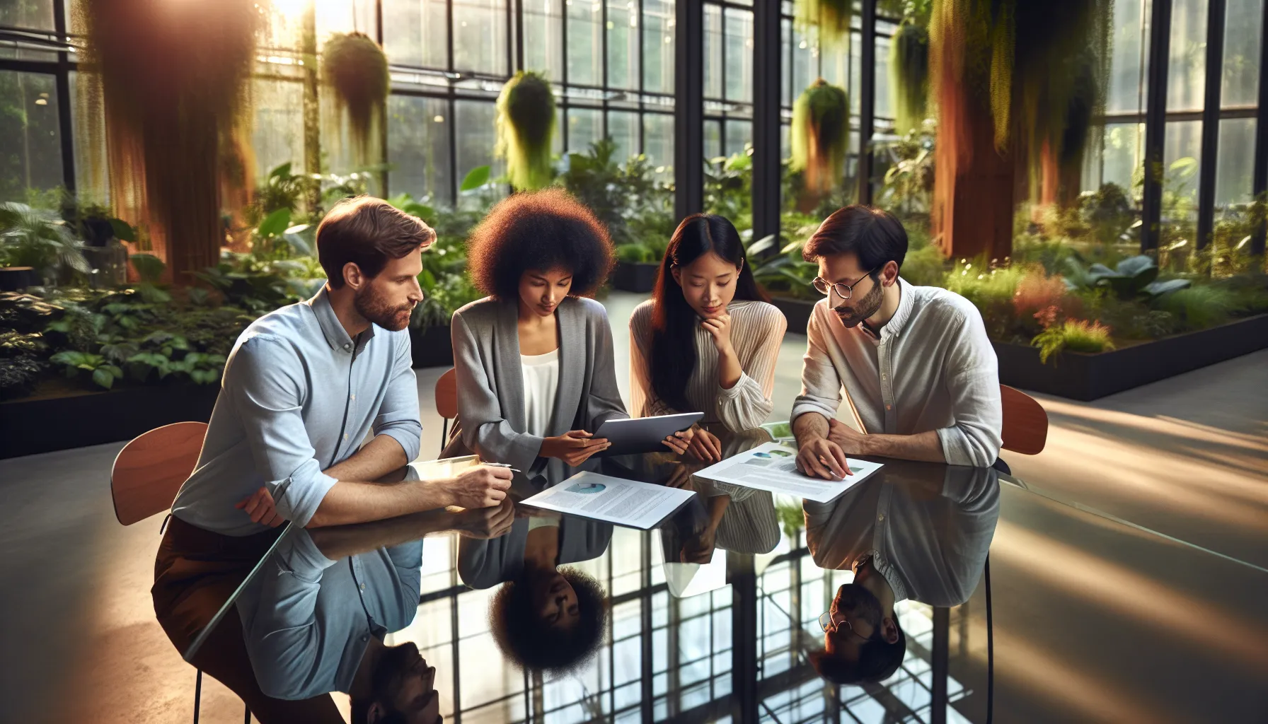 professionals discussing sustainability in a modern office with indoor plants.