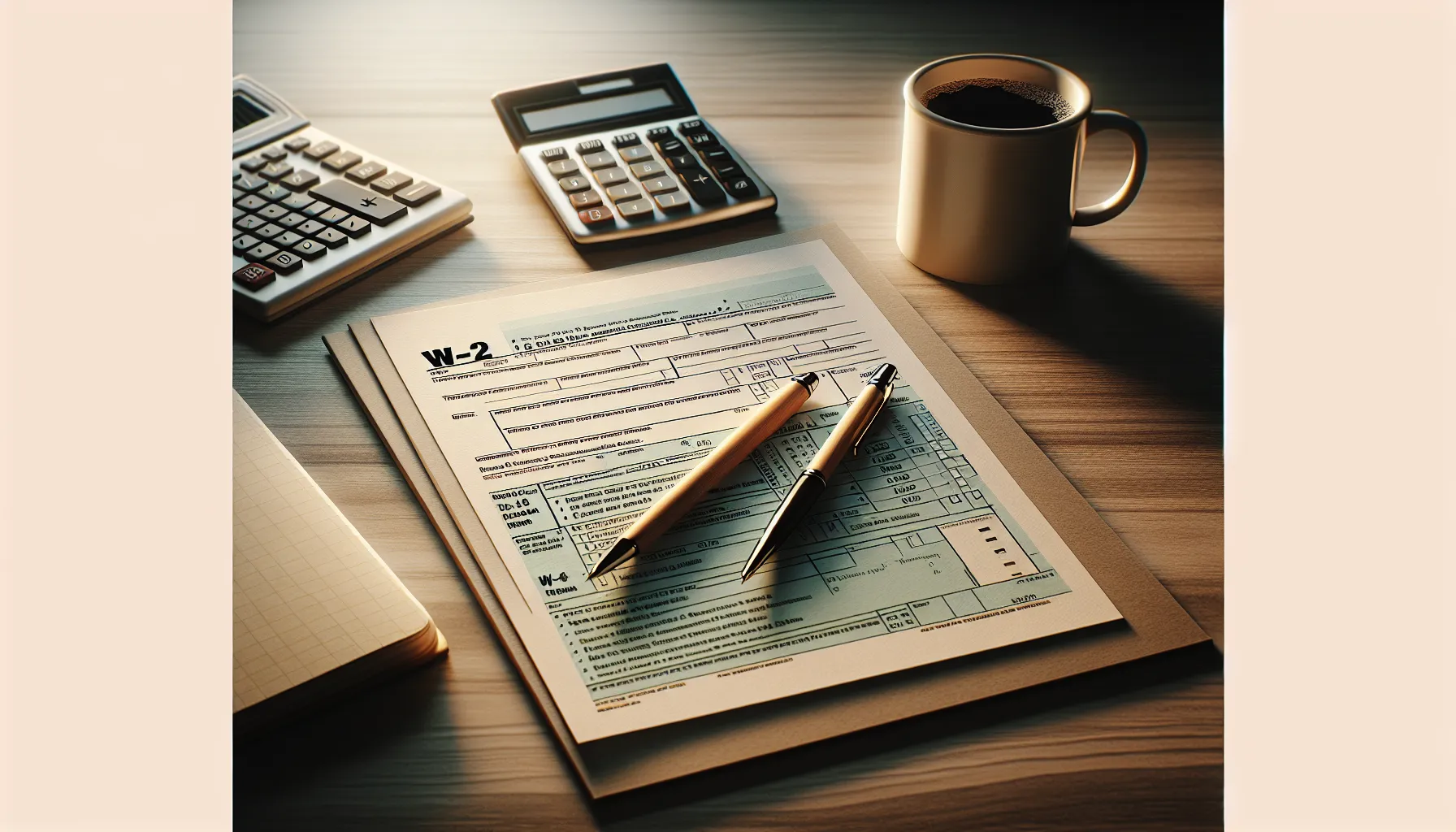A desk with tax forms W-2 and W-4 alongside a pen and office items.