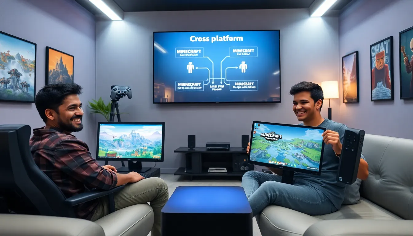 two players in a modern gaming setup enjoying Minecraft.