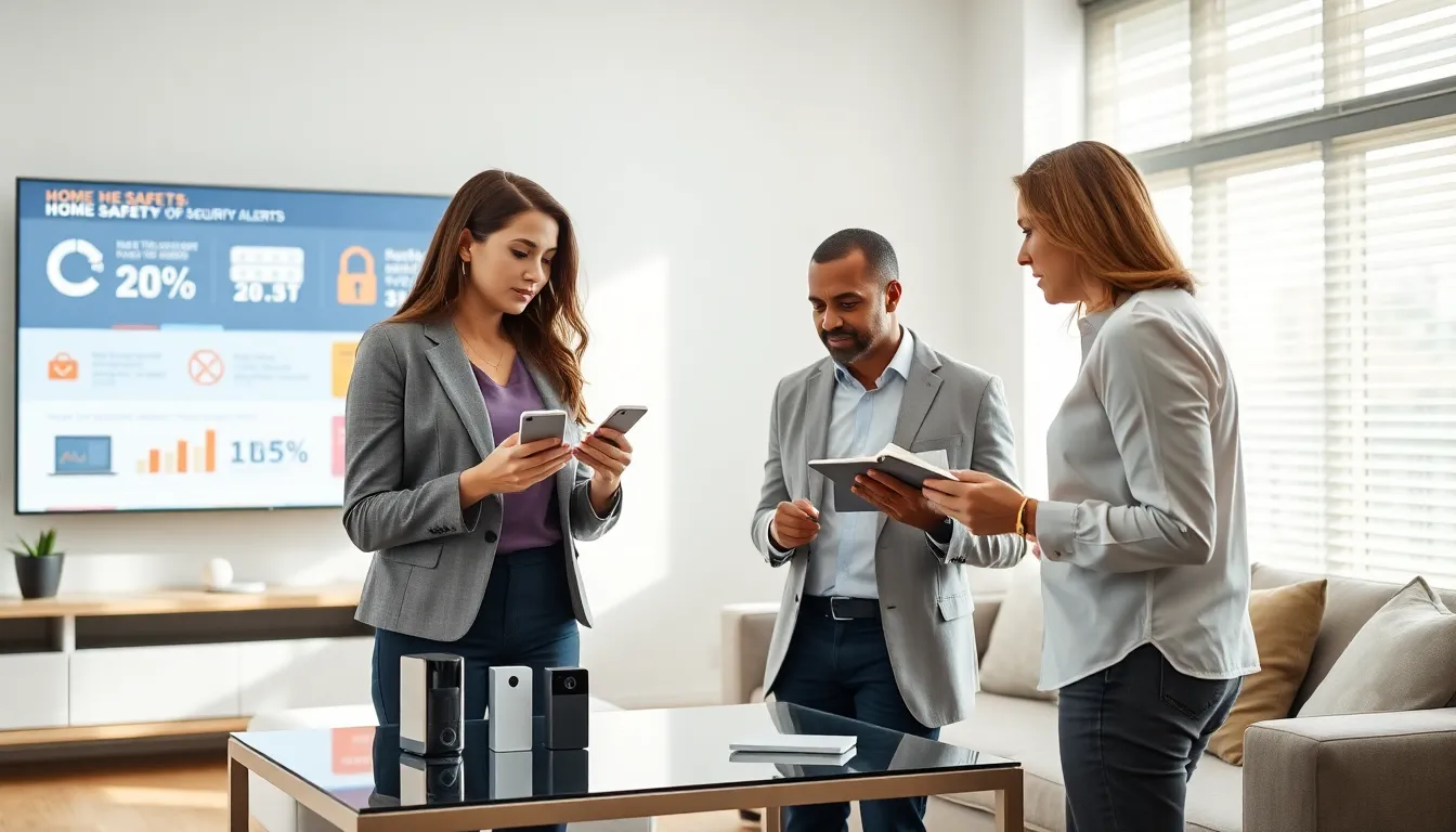 professionals discussing smart home security features in a modern living room.