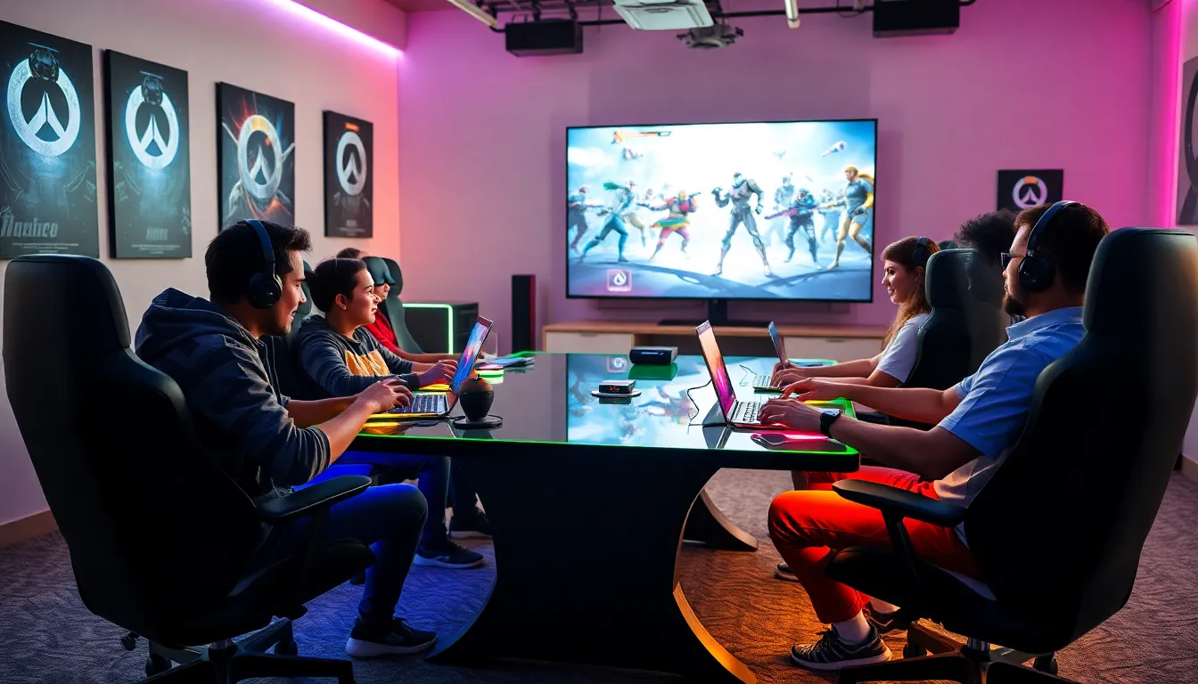 diverse gamers engaged in a competitive session of Overwatch.