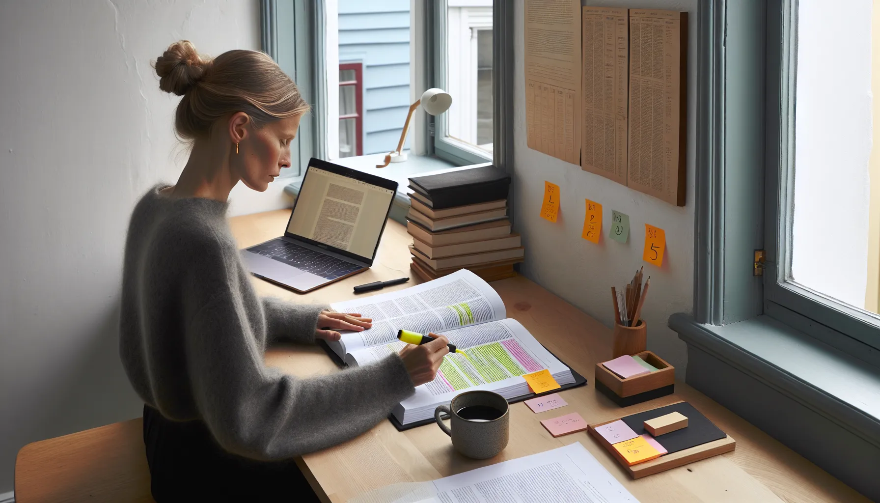 Norwegian woman annotating public document with highlights, tabs, and deadline notes.