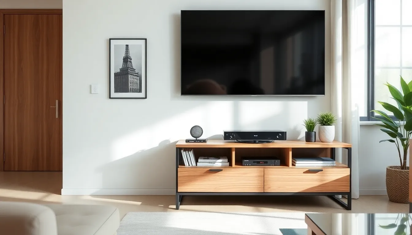 a modern living room with a stylish TV console and flat-screen TV.