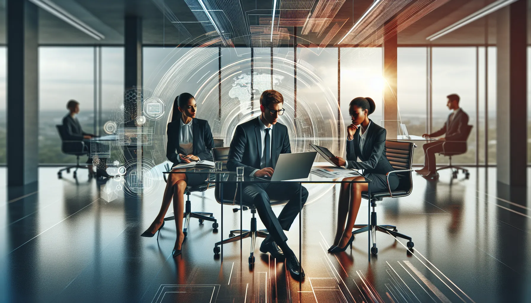 a diverse team collaborating in a modern office with digital tools.