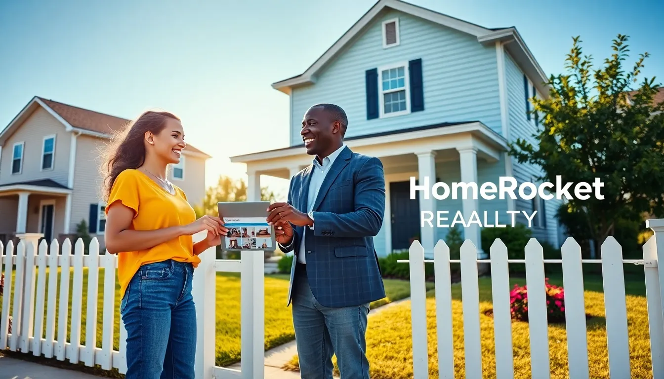A couple discussing home features in a sunny suburban neighborhood.
