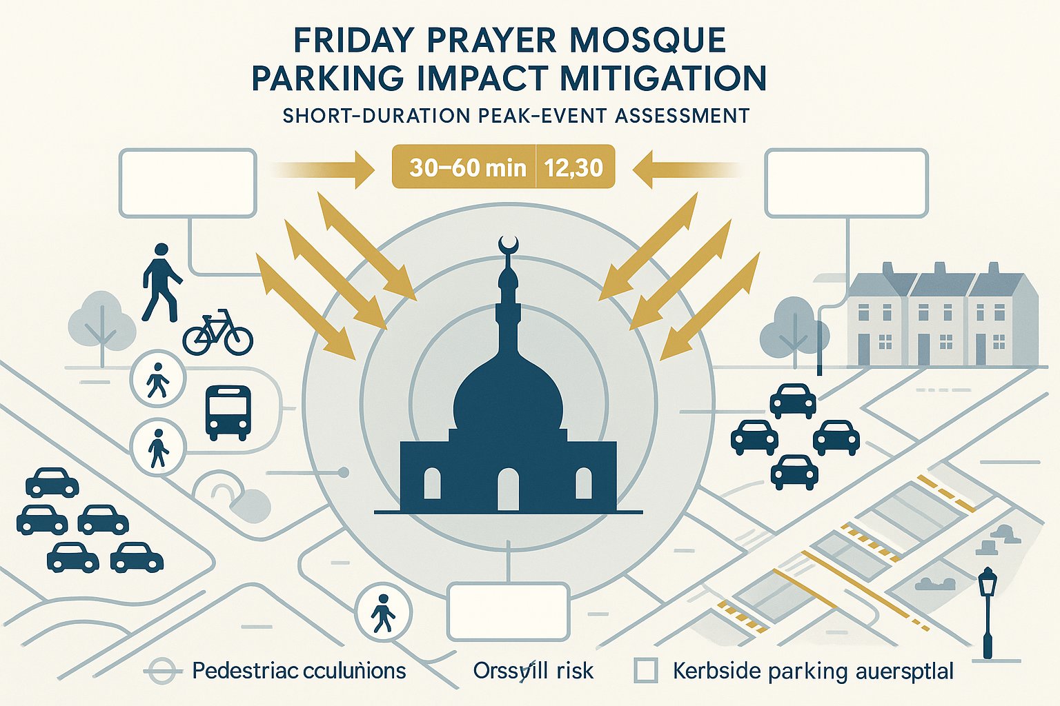 Infographic of Friday mosque parking peak impacts on nearby UK streets.