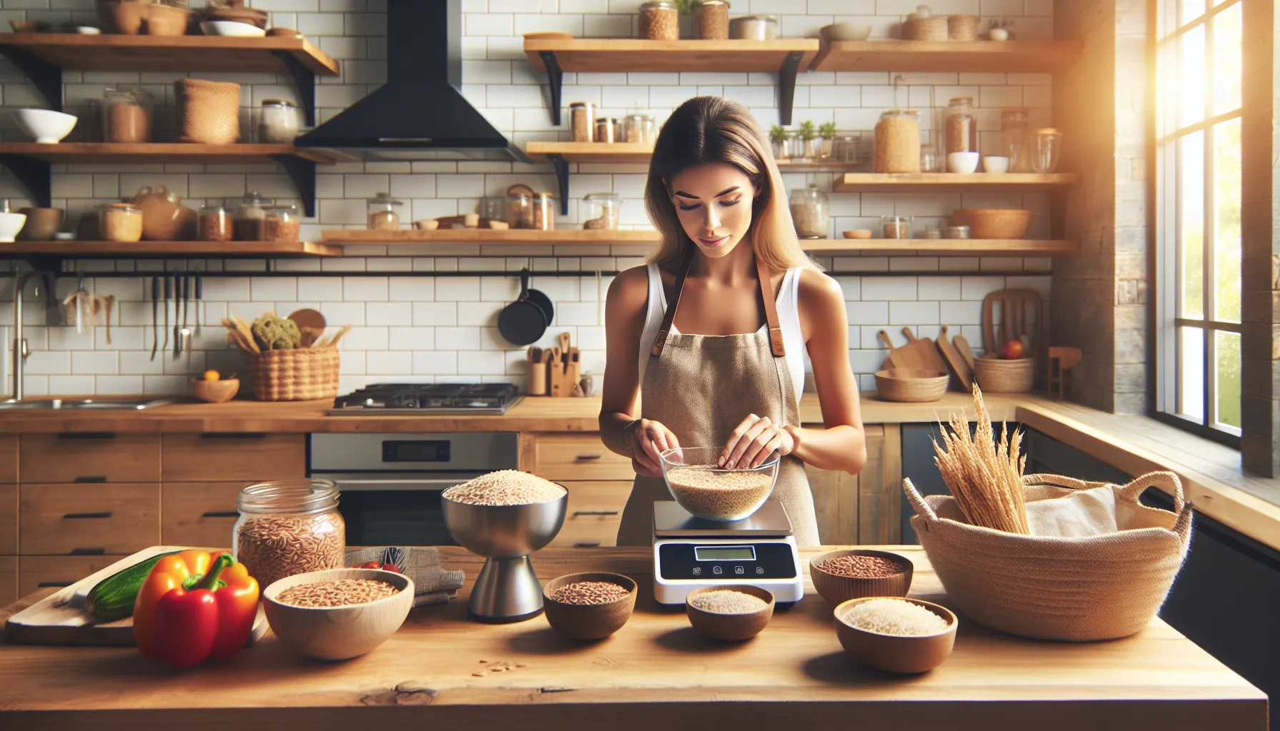 A woman measuring whole wheat grains in a sunny kitchen.
