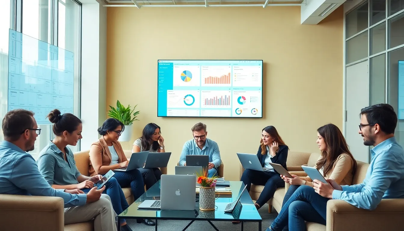 diverse team collaborating with software tools in a modern office.