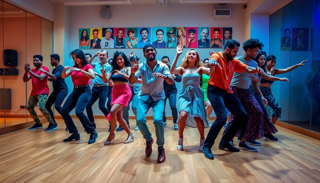 diverse dancers performing Calidancingfool in a vibrant studio.