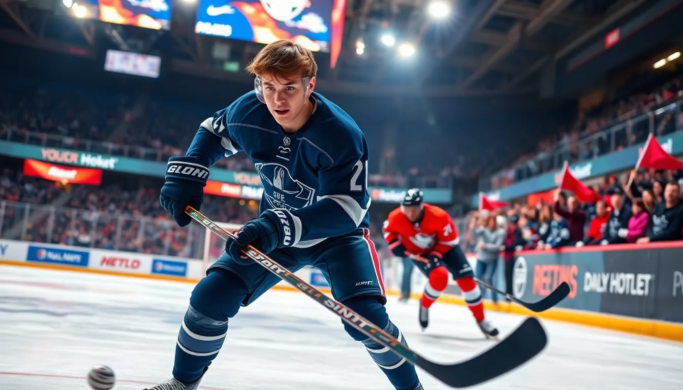 two hockey players competing intensely on an illuminated rink during a game.