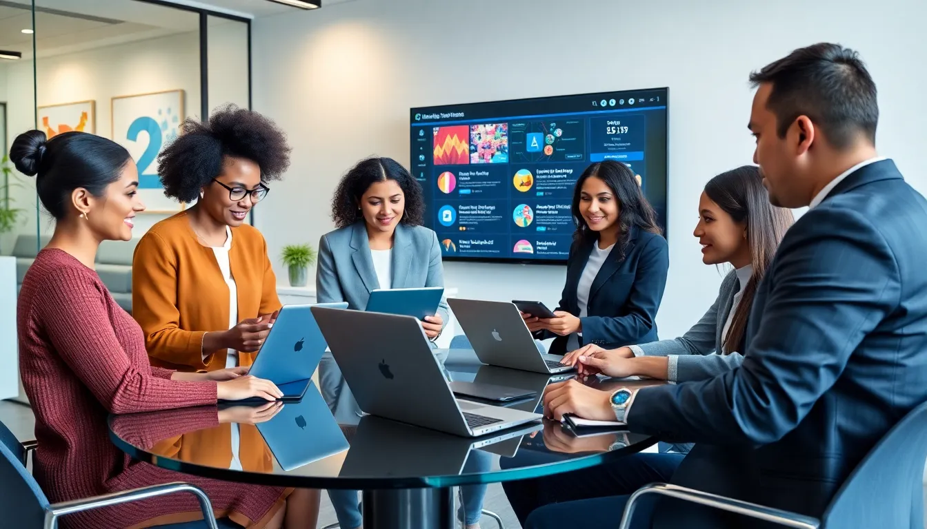 diverse professionals collaborating using Itsana2 platform in a modern office.