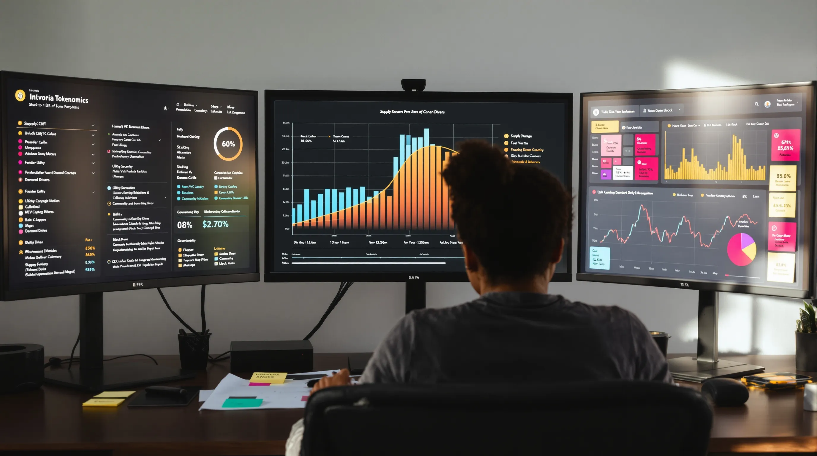 Analyst reviews tokenomics dashboards with supply unlocks, utility metrics, and liquidity.