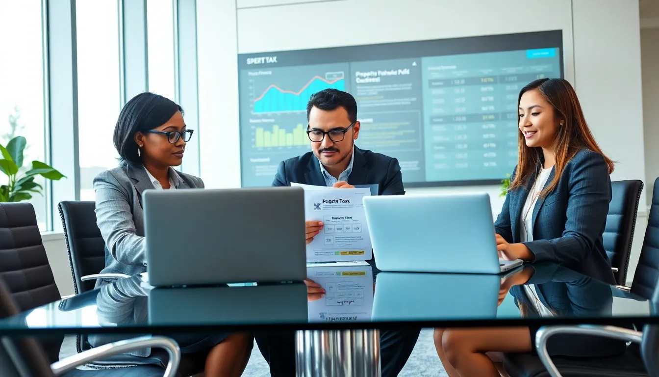 diverse professionals discussing property tax assessments in a modern office.
