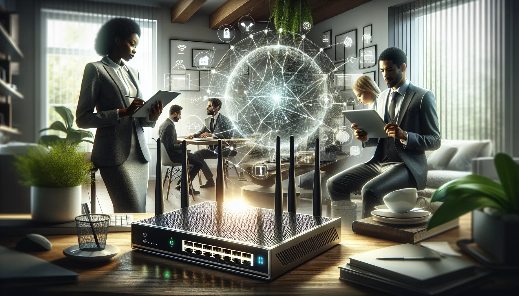 diverse team discussing networking in a modern home office.