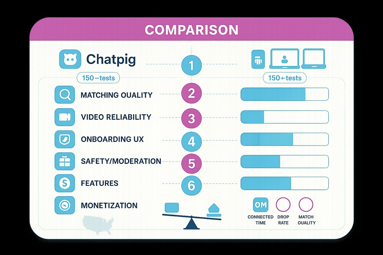 Side-by-side infographic comparing Chatpig and OMGChat across six evaluation criteria.