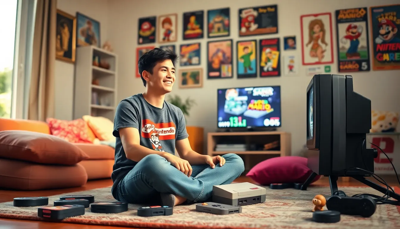 a gamer playing Super Mario Bros. on a vintage Nintendo console.