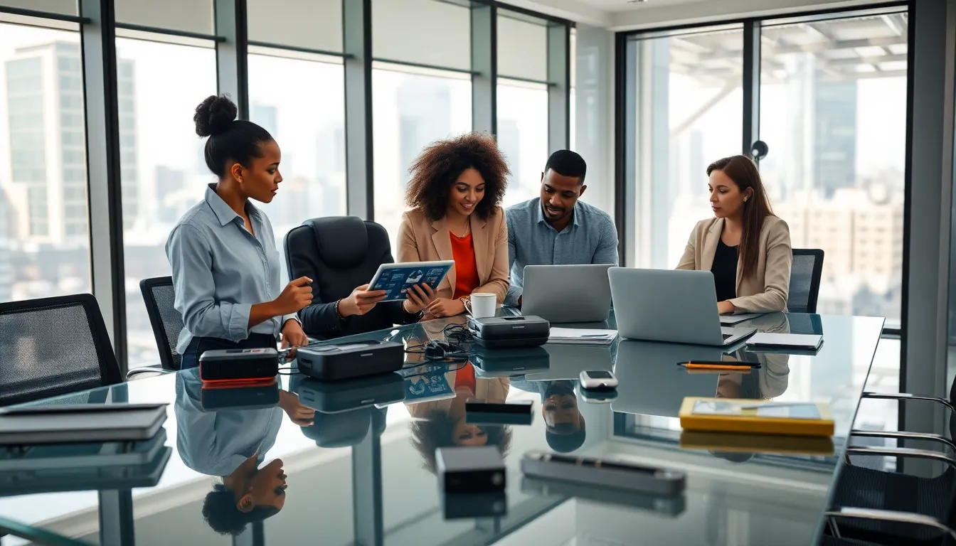 professionals collaborating in a modern office setting on innovative ideas.