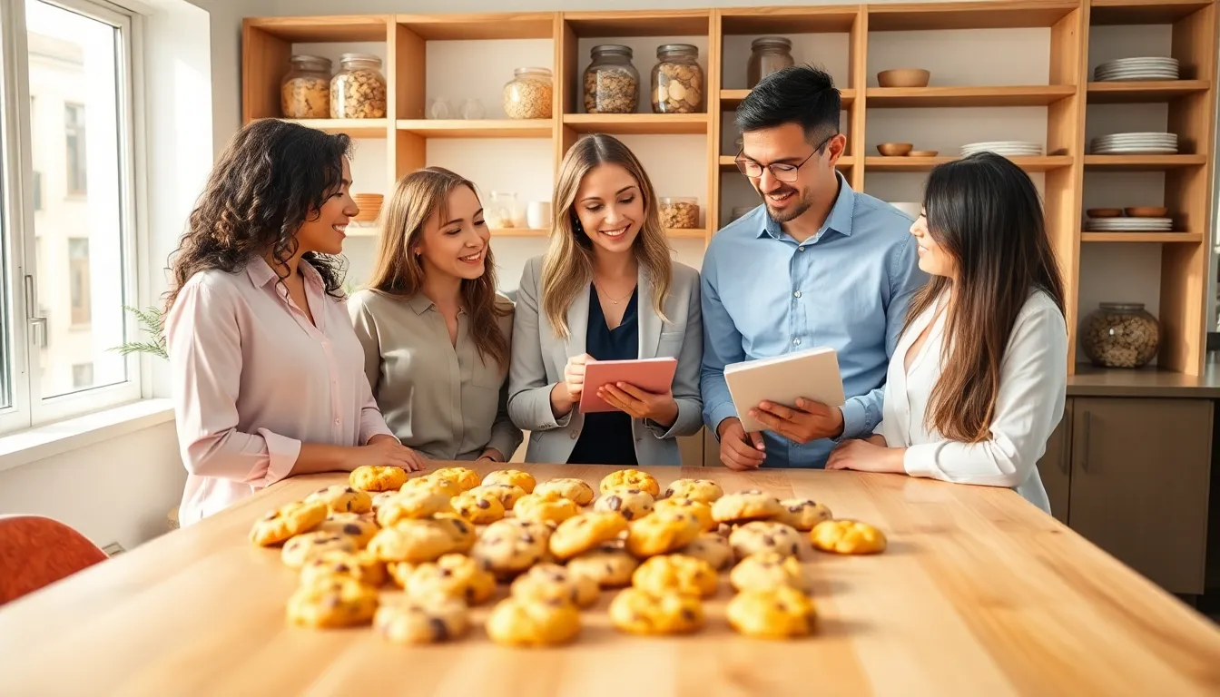 team discussing healthy cookie ingredients in a modern kitchen.