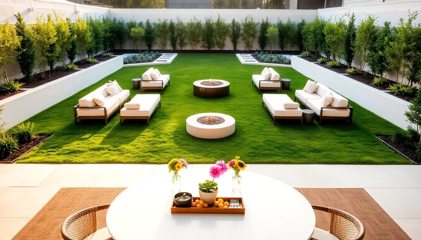 inviting small backyard with dining and leisure areas for entertaining guests.