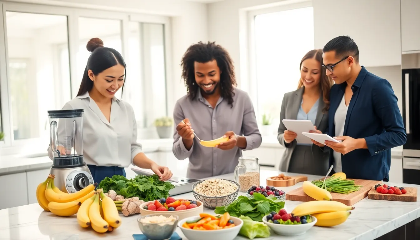 diverse team preparing healthy recipes with bananas in a modern kitchen.