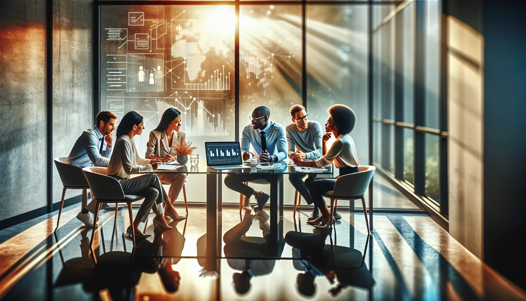 professionals discussing money transfers in a modern office setting.