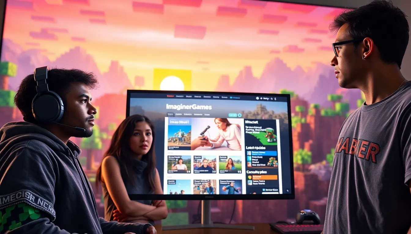 gamers exploring Minecraft articles on a digital screen in a colorful landscape.