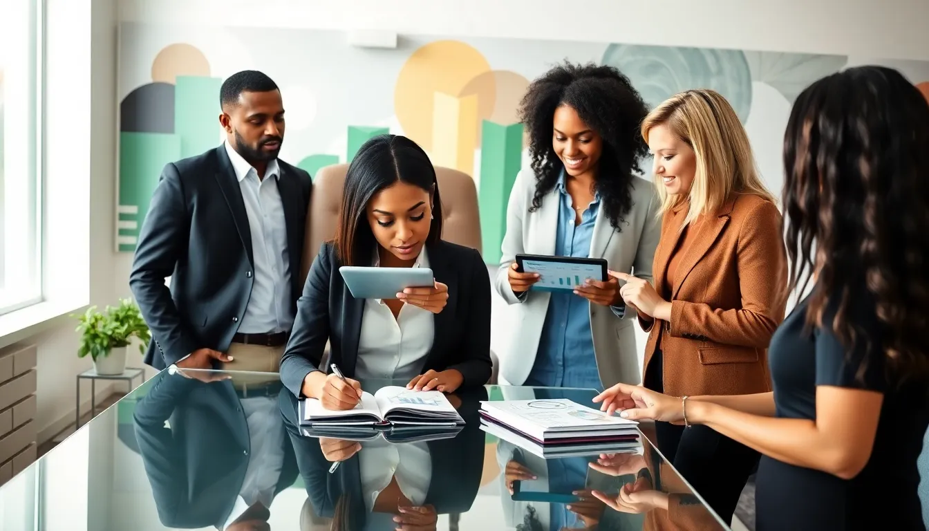diverse professionals brainstorming about building good habits in a modern office.