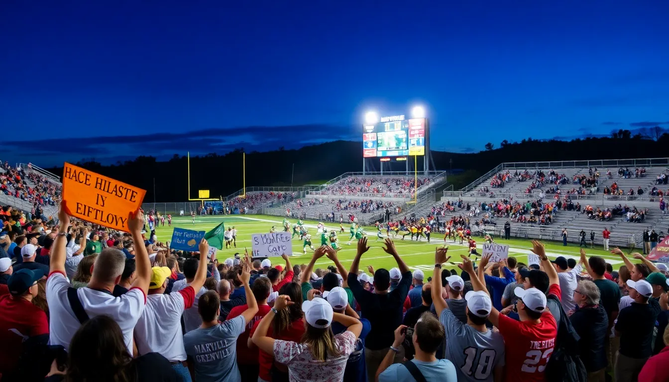 Fans cheering for high school football in a packed stadium.
